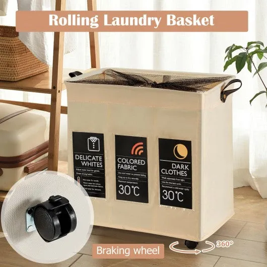 120L 3-Section Laundry Hamper Sorter with Wheels and Mesh Cover-Beige