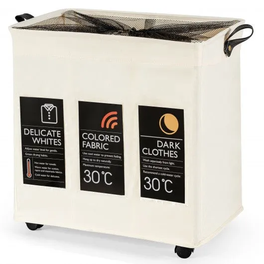 120L 3-Section Laundry Hamper Sorter with Wheels and Mesh Cover-Beige