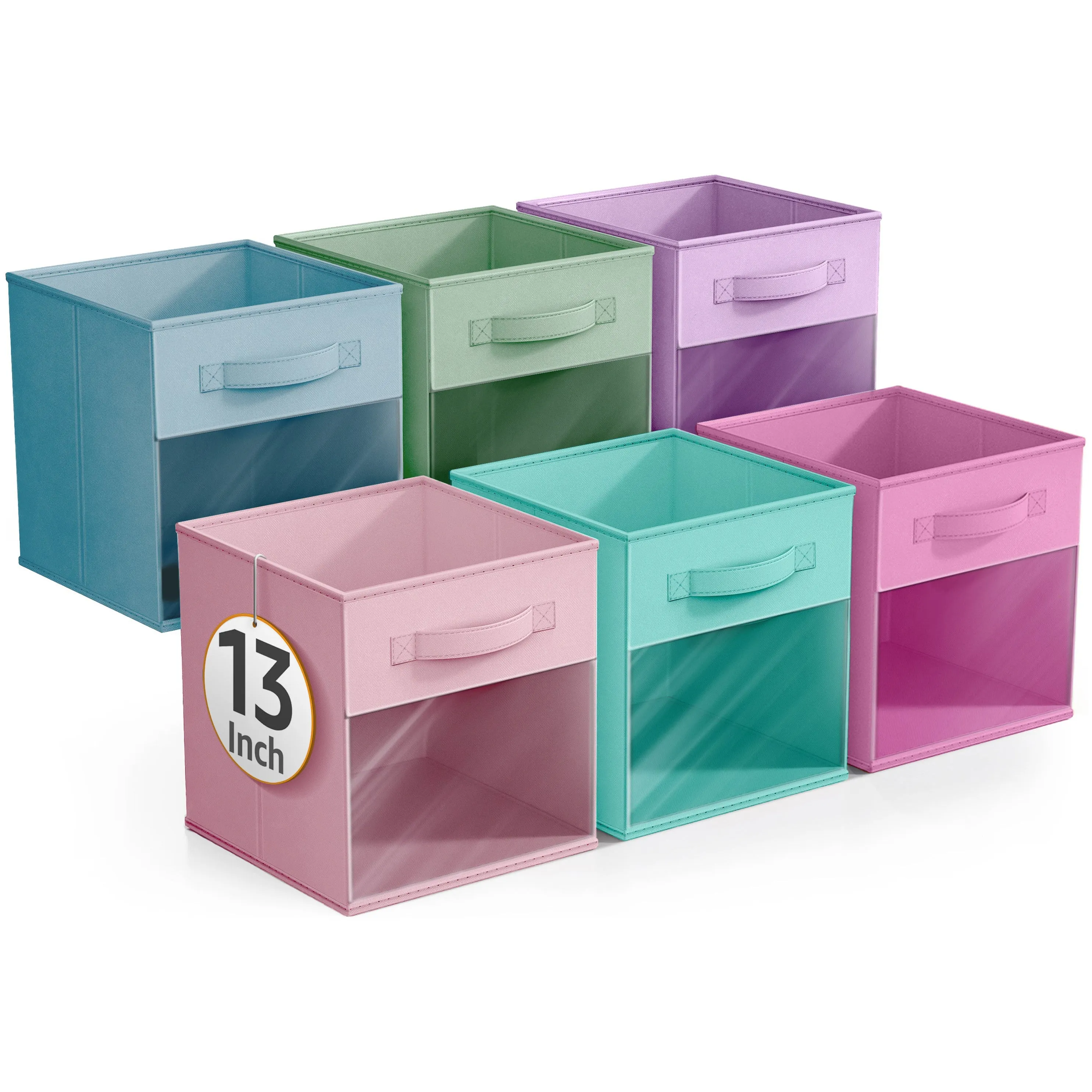 13" Large Cube Storage Bins with Window (6 Pack, Pastel)