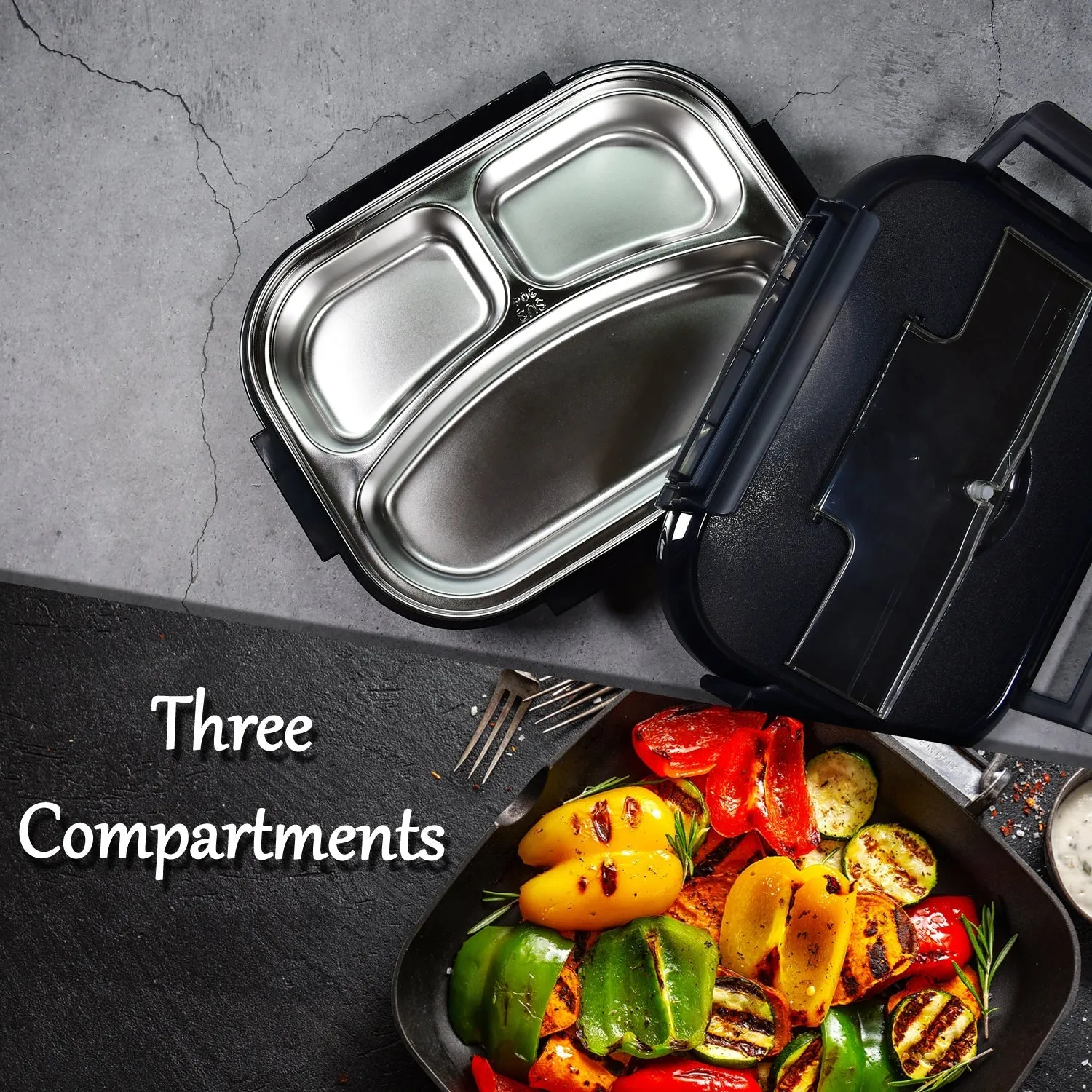 2042 Black Lunch Box for Kids and adults, Stainless Steel Lunch Box with 3 Compartments With spoon slot.