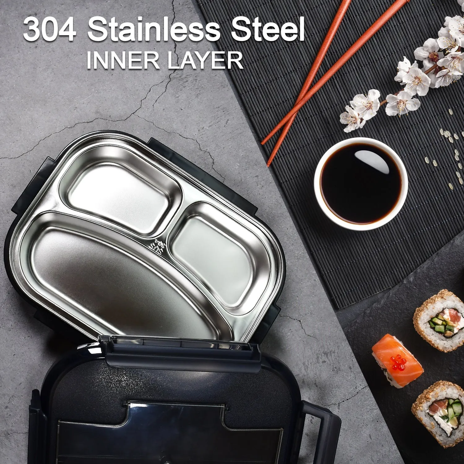 2042 Black Lunch Box for Kids and adults, Stainless Steel Lunch Box with 3 Compartments With spoon slot.