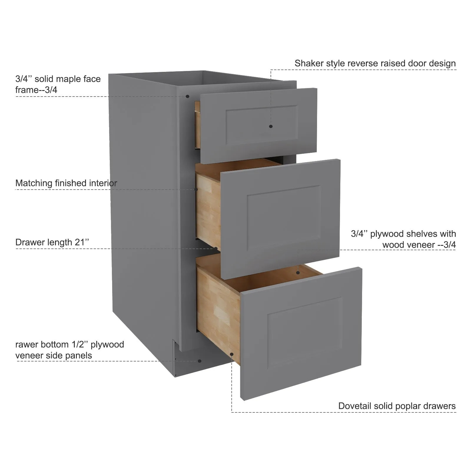 24"D Birch Solid Wood 3 Drawer Base Kitchen Cabinet 3DB