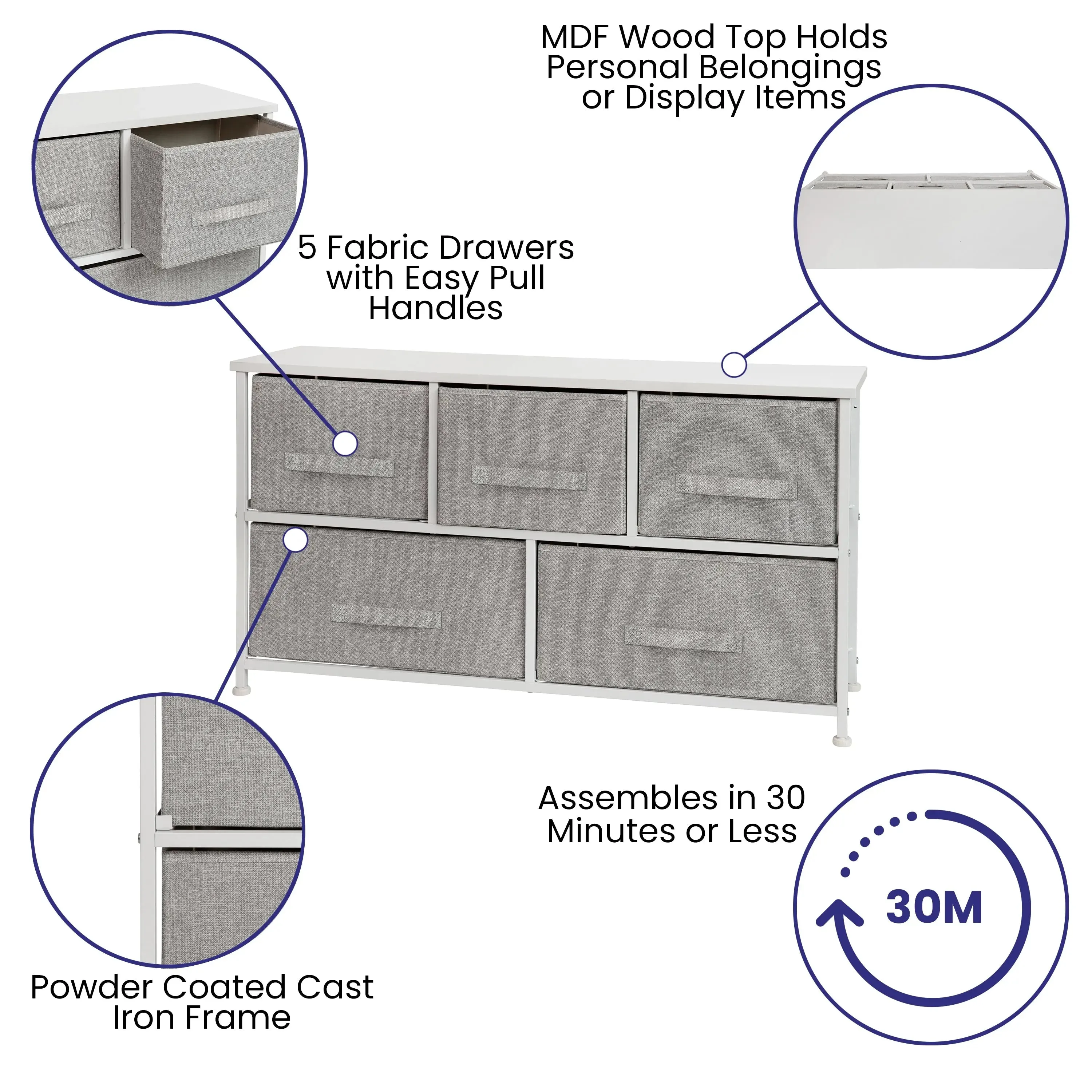 5 Drawer Vertical Storage Dresser w/Dark Grey Easy Pull Fabric Drawers