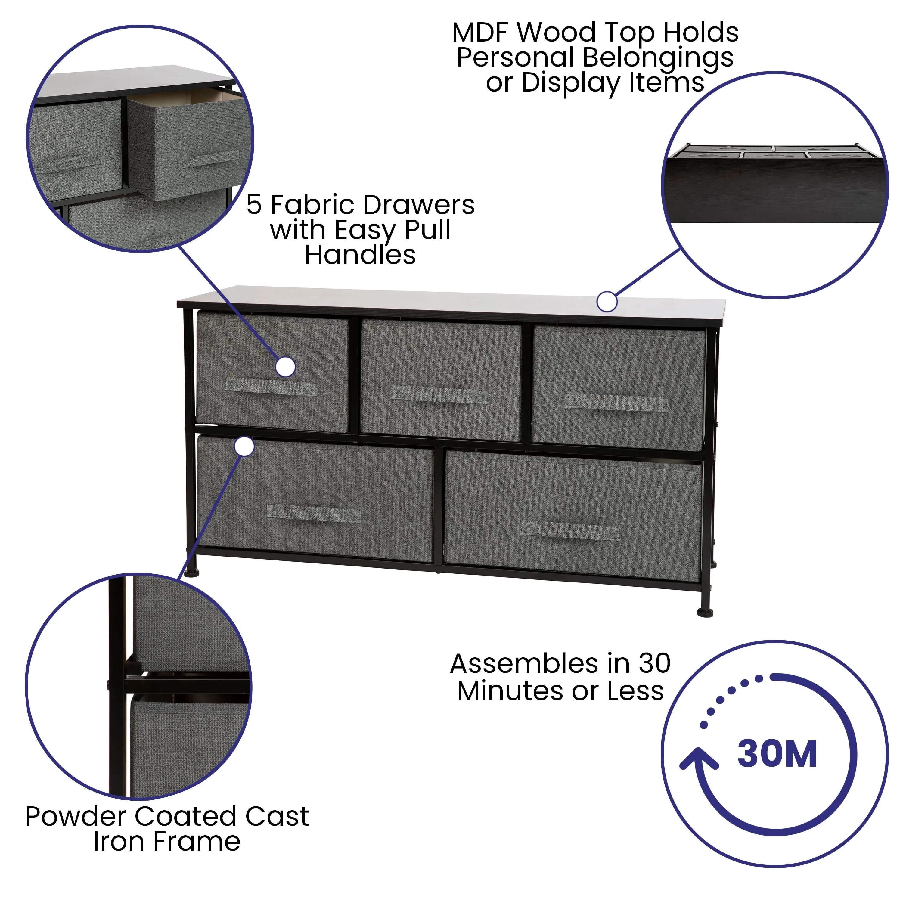 5 Drawer Vertical Storage Dresser w/Dark Grey Easy Pull Fabric Drawers