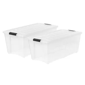 84 Qt. Plastic Storage Bin Tote Organizing Container with Durable Lid and Secure Latching Buckles, Stackable and Nestable, 2 Pack, clear with Black Buckles