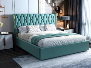 Acacia Modern Upholstered King Size Bed with Box Storage for Bedroom | Wooden Double Bed with Storage | Platform Cot Bed with Upholstery Premium Fabric | 6.5 x 6 Ft | Sheesham Solid Wood (Greendust)