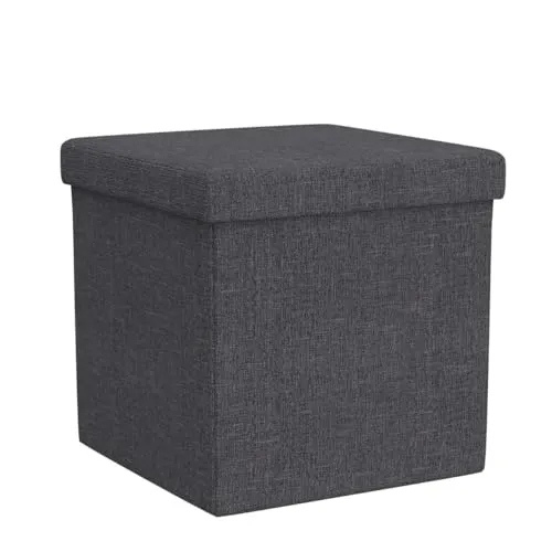 ALMAND 30X30X30 cm Folding Storage Ottoman Cube Footrest Stool Coffee Table Puppy Step Top Organizer Box Pouf Chest Single Seat- Linen Grey