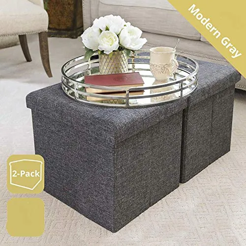 ALMAND 30X30X30 cm Folding Storage Ottoman Cube Footrest Stool Coffee Table Puppy Step Top Organizer Box Pouf Chest Single Seat- Linen Grey