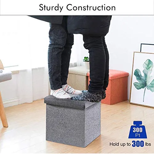 ALMAND 30X30X30 cm Folding Storage Ottoman Cube Footrest Stool Coffee Table Puppy Step Top Organizer Box Pouf Chest Single Seat- Linen Grey