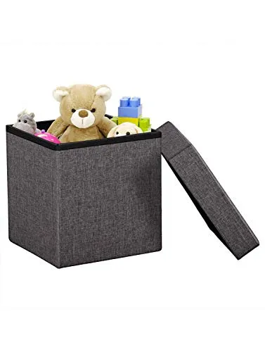 ALMAND 30X30X30 cm Folding Storage Ottoman Cube Footrest Stool Coffee Table Puppy Step Top Organizer Box Pouf Chest Single Seat- Linen Grey