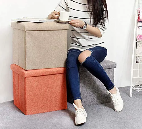 ALMAND (Label 30X30X30 cm Folding Storage Ottoman Cube Footrest Stool Coffee Table Puppy Step Top Organizer Box Pouf Chest Single Seat- Linen Orange