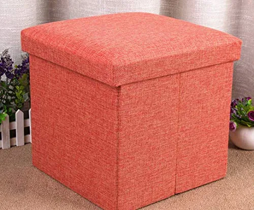 ALMAND (Label 30X30X30 cm Folding Storage Ottoman Cube Footrest Stool Coffee Table Puppy Step Top Organizer Box Pouf Chest Single Seat- Linen Orange