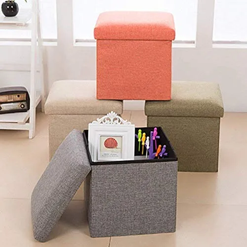 ALMAND (Label 30X30X30 cm Folding Storage Ottoman Cube Footrest Stool Coffee Table Puppy Step Top Organizer Box Pouf Chest Single Seat- Linen Orange