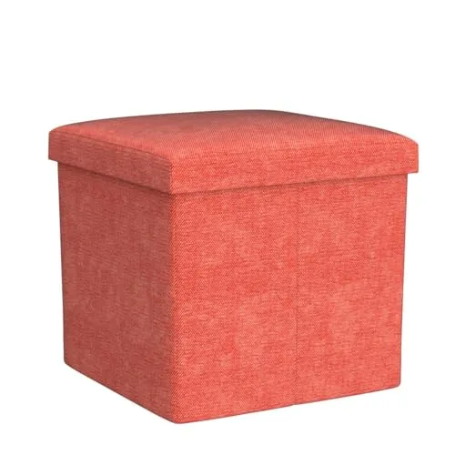 ALMAND (Label 30X30X30 cm Folding Storage Ottoman Cube Footrest Stool Coffee Table Puppy Step Top Organizer Box Pouf Chest Single Seat- Linen Orange