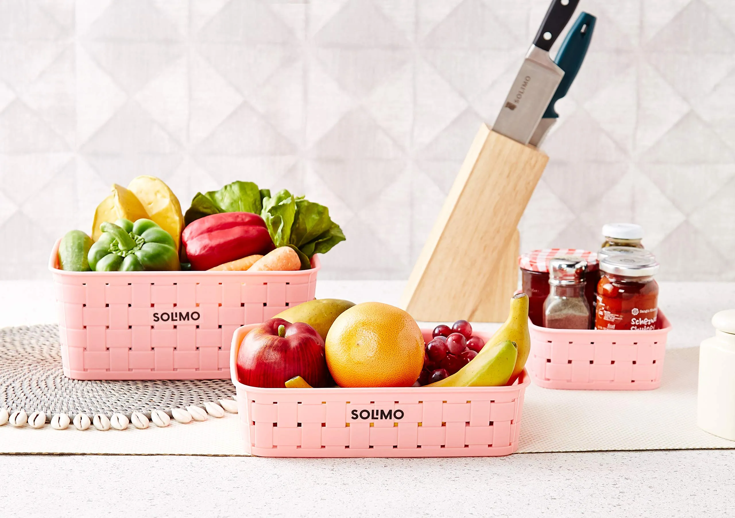 Amazon Brand - Solimo Fruit Plastic Basket Set (3 pieces, Pink)