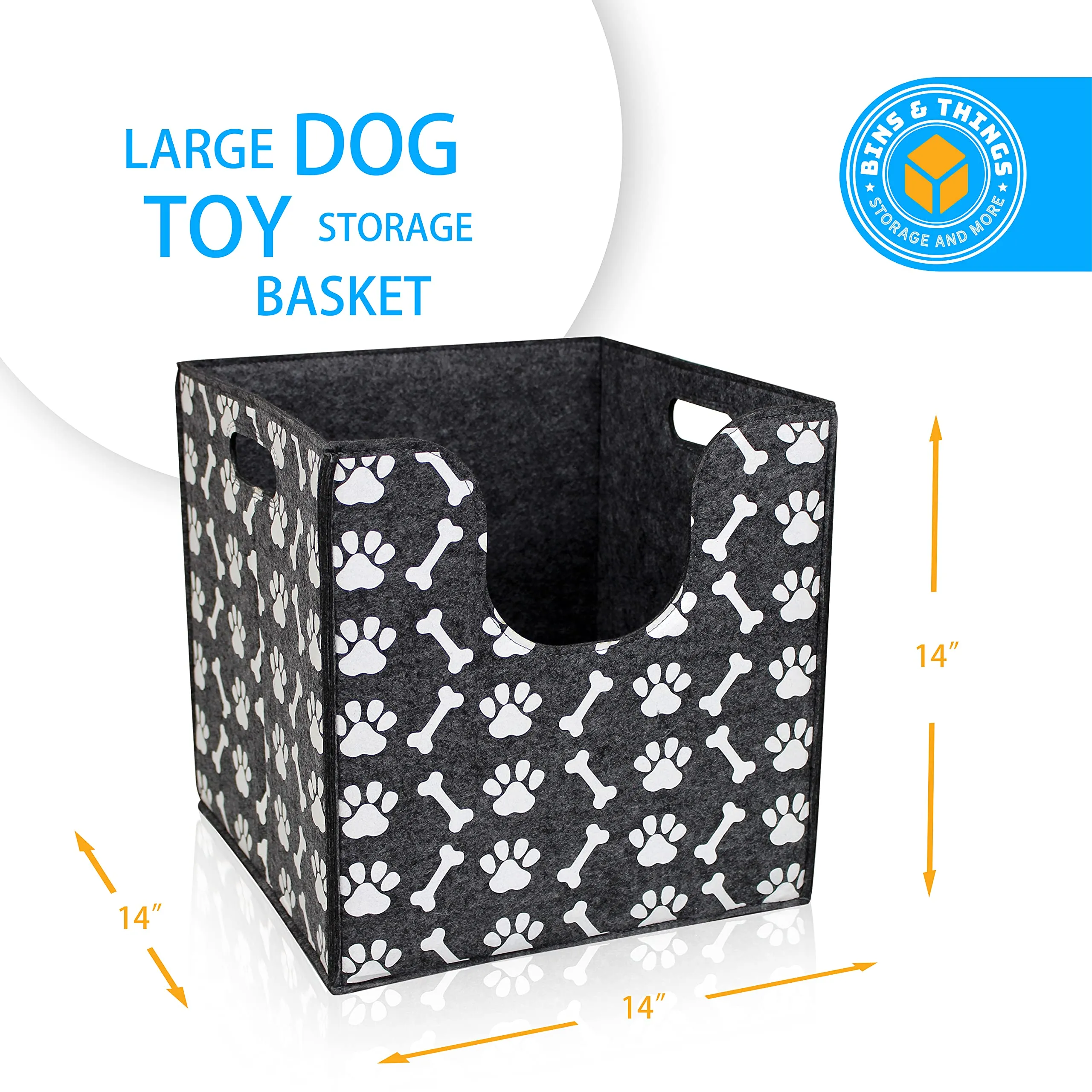 Bins & Things Dog Toy Bin Storage Basket (14 x 14 x 14 Inches) Thick Felt Dog Toy Box