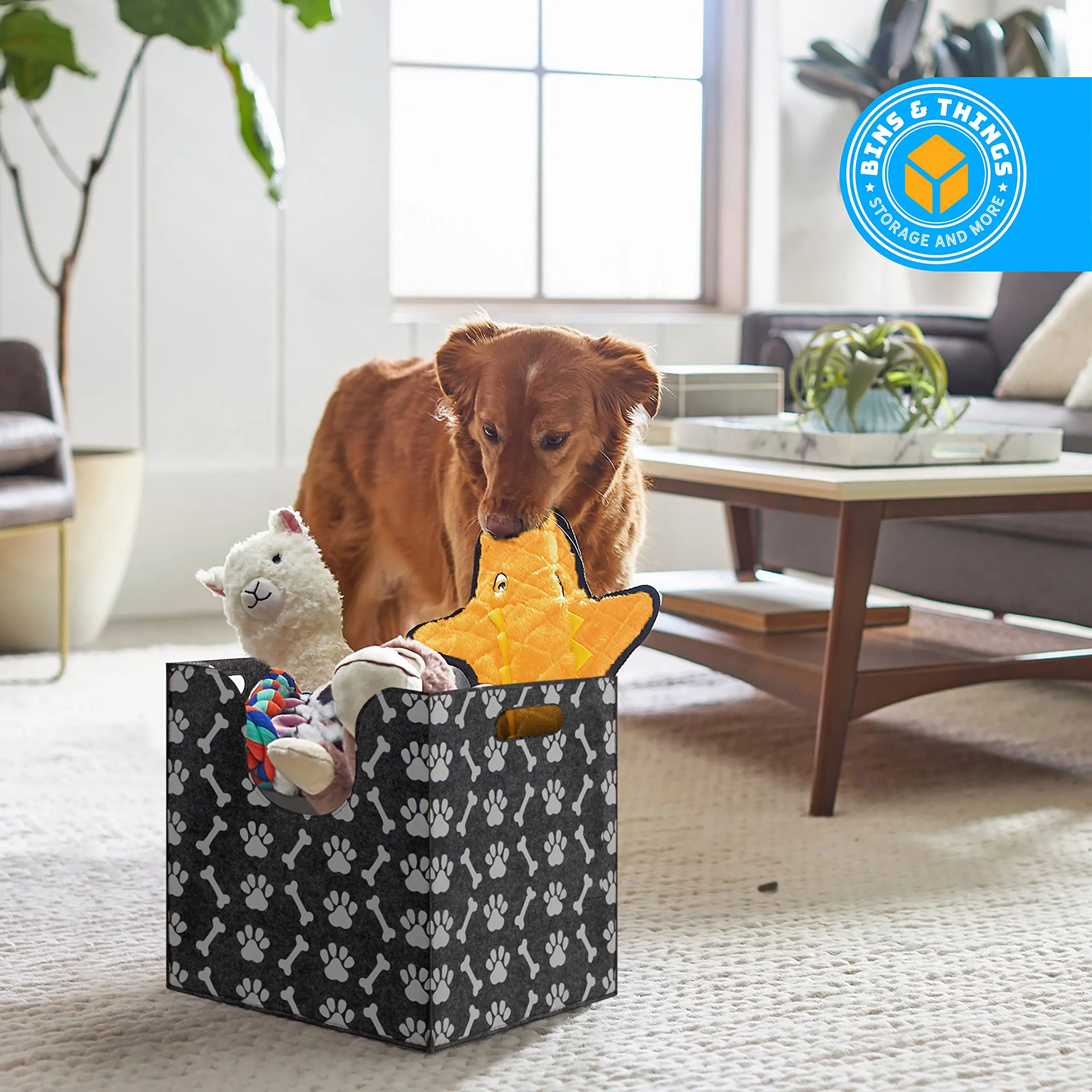 Bins & Things Dog Toy Bin Storage Basket (14 x 14 x 14 Inches) Thick Felt Dog Toy Box