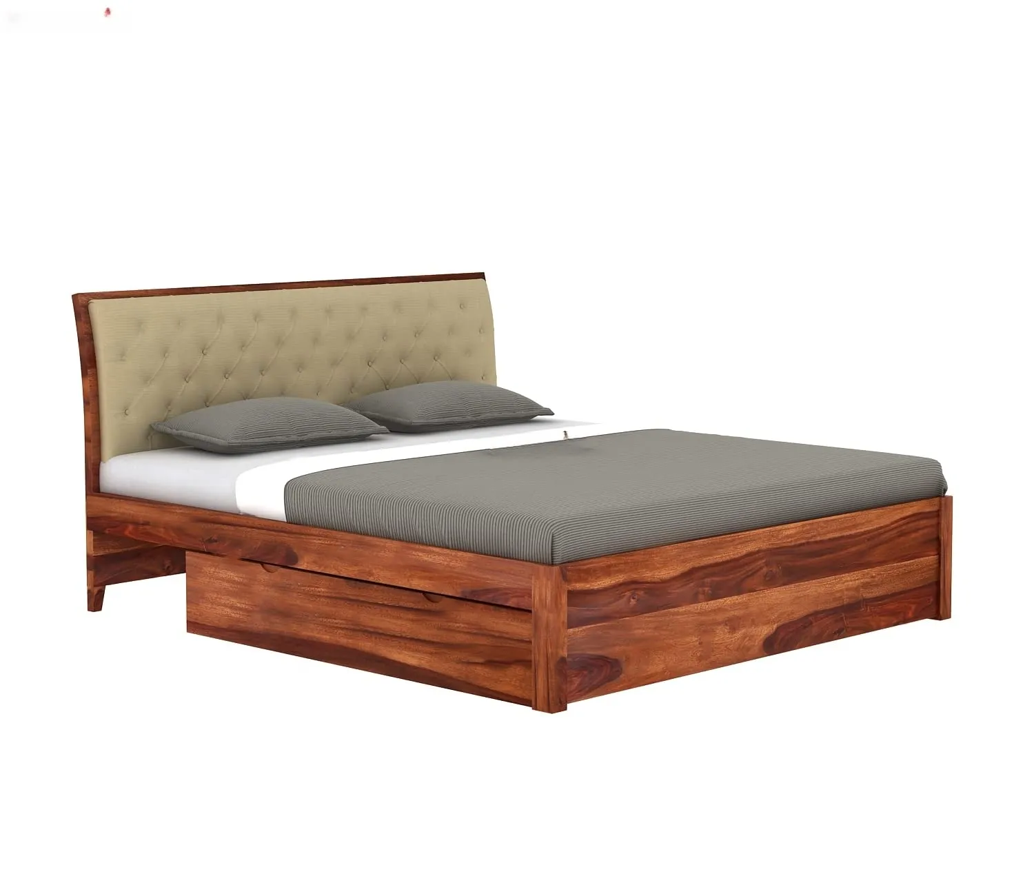 Budhakish Solid Sheesham Wood Queen Size Bed with Set of 2 Bedside Table | Wooden Double Bed Cot Bed with 2 Drawer Storage & Upholstered Cushioned Headboard for Bedroom | 6.5 X 5 FT, Honey Finish