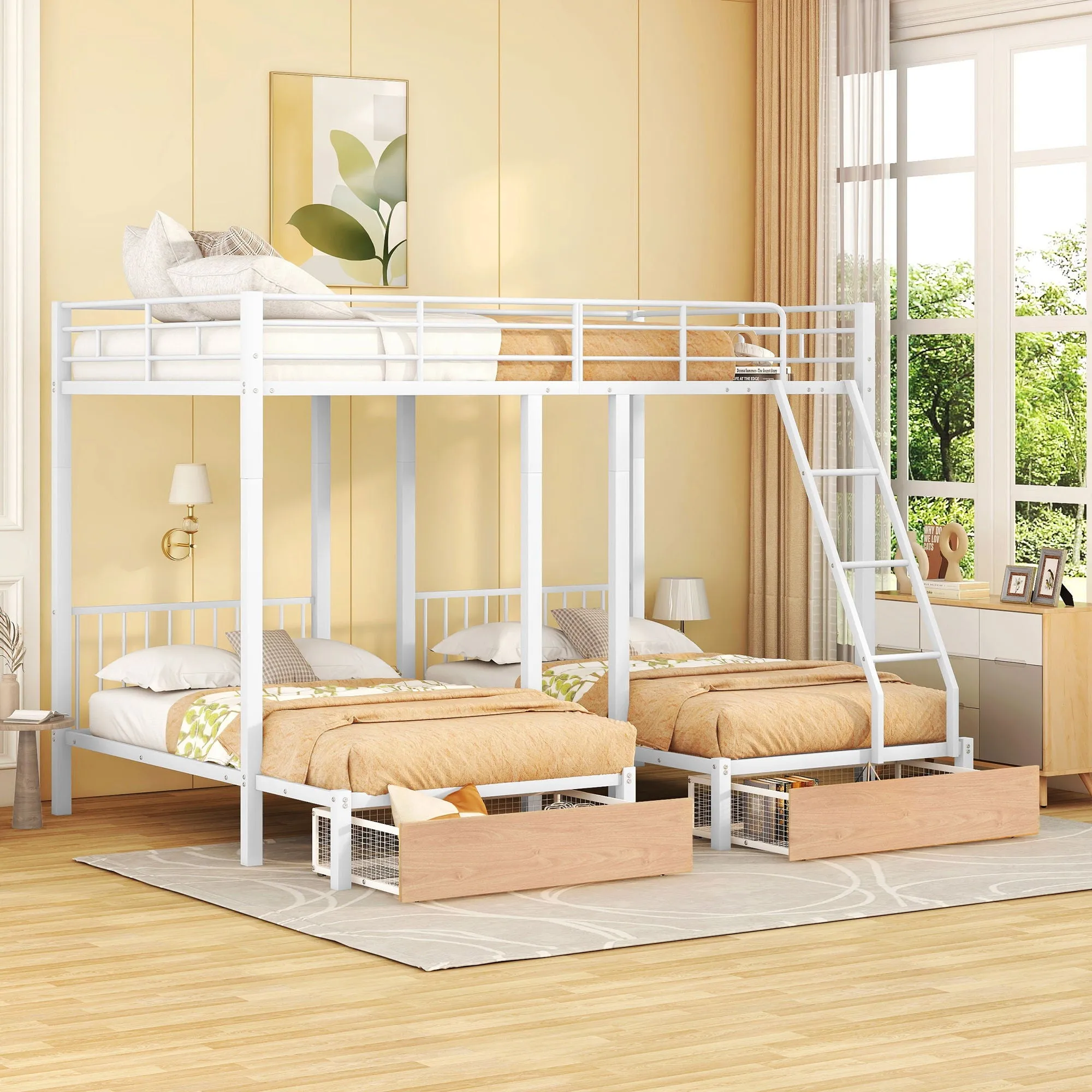 Bunk Bed, Metal Triple Bunk Bed With Drawers And Guardrails