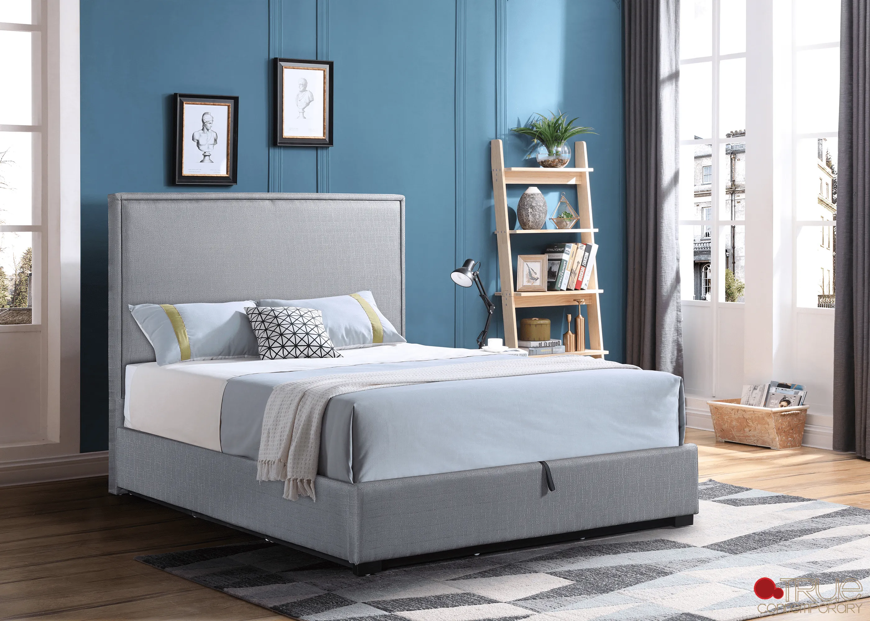 Byron Hydraulic Lift Up Storage Platform Bed in Grey Linen - Available in 2 Sizes