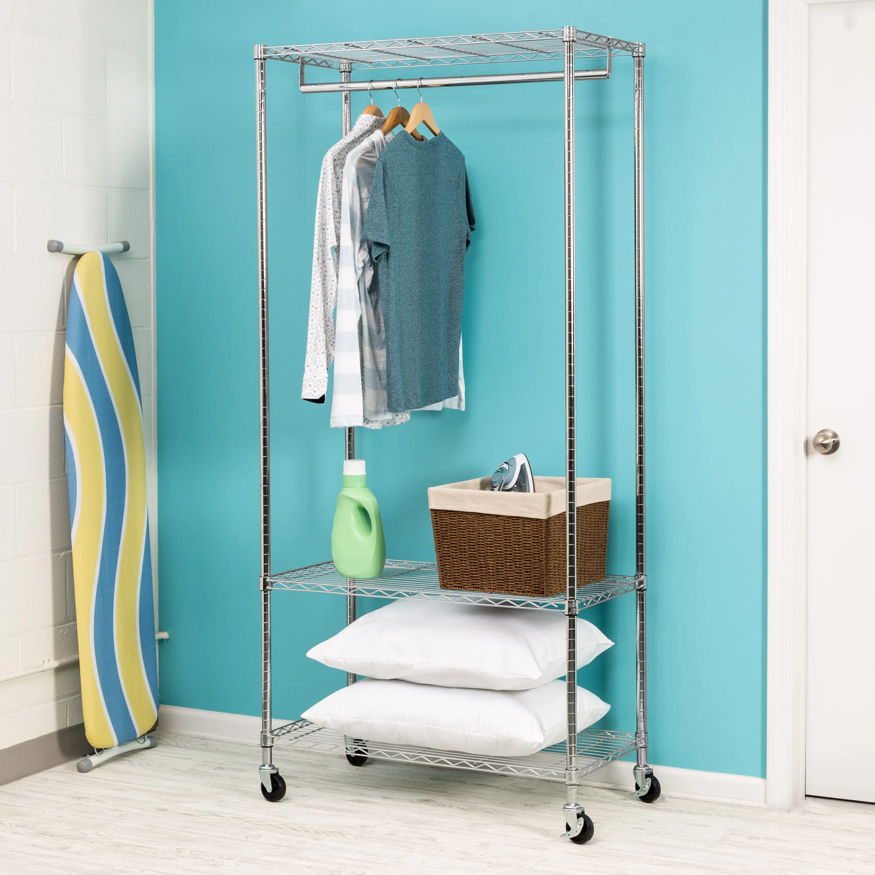 Chrome 3-Shelf Deluxe Rolling Clothes Rack