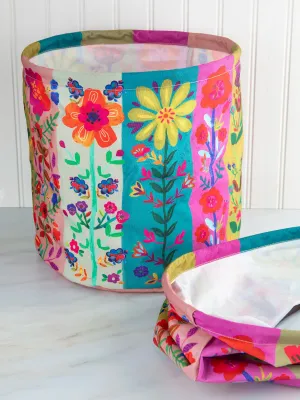 Collapsible Trash / Storage Bin - Teal Folk Flower