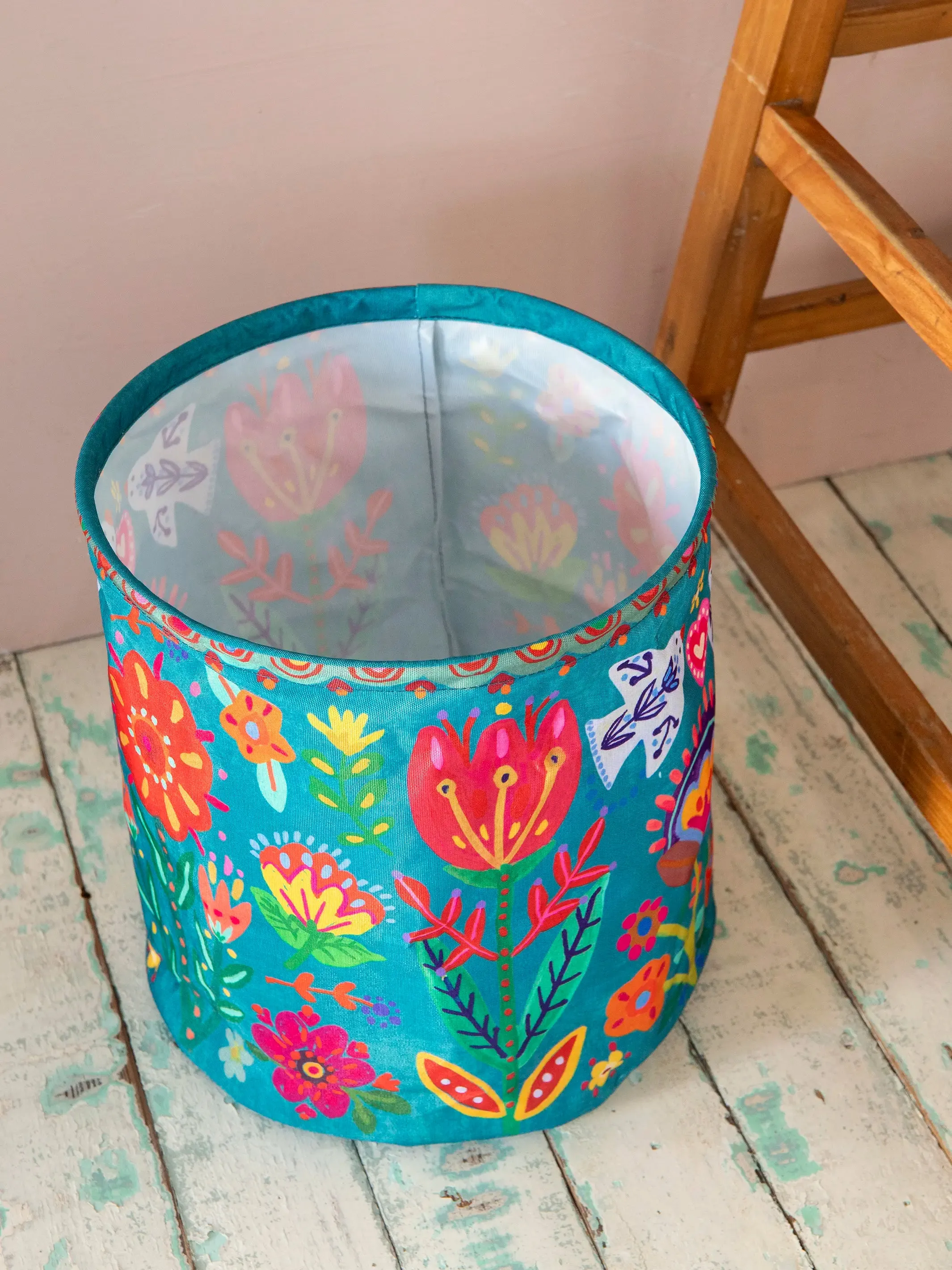 Collapsible Trash / Storage Bin - Turquoise Folk Flower