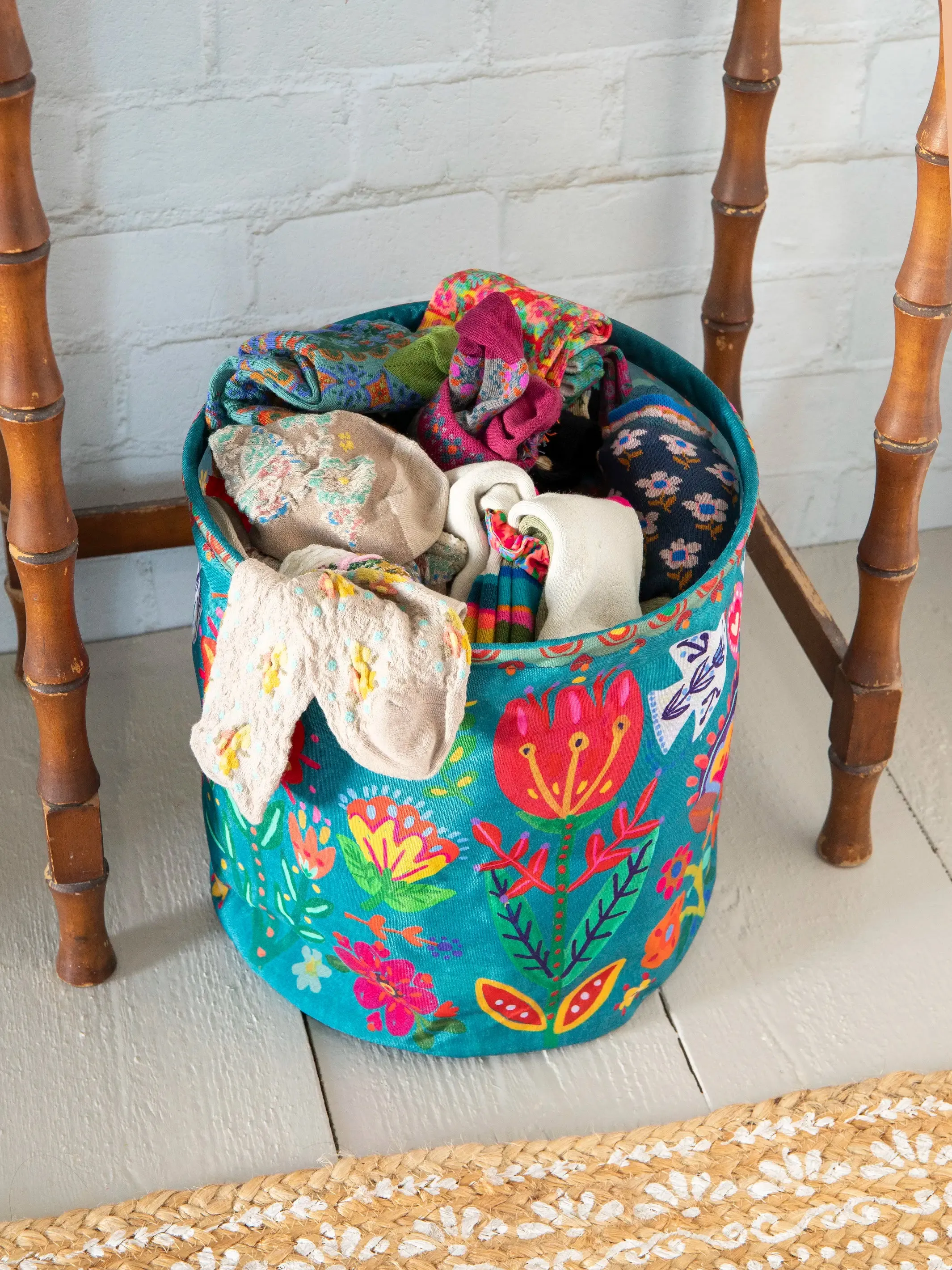 Collapsible Trash / Storage Bin - Turquoise Folk Flower