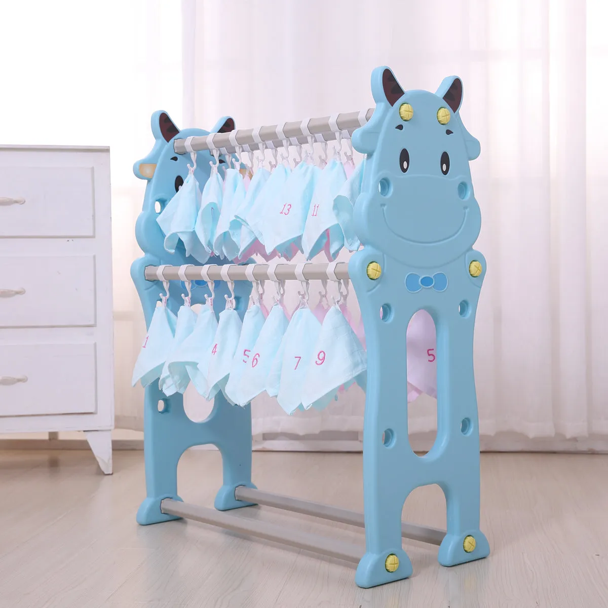 Cute Cattle 4-Tier Clothes Drying Organizer Stand Hanger with 40 Hook.(Blue)