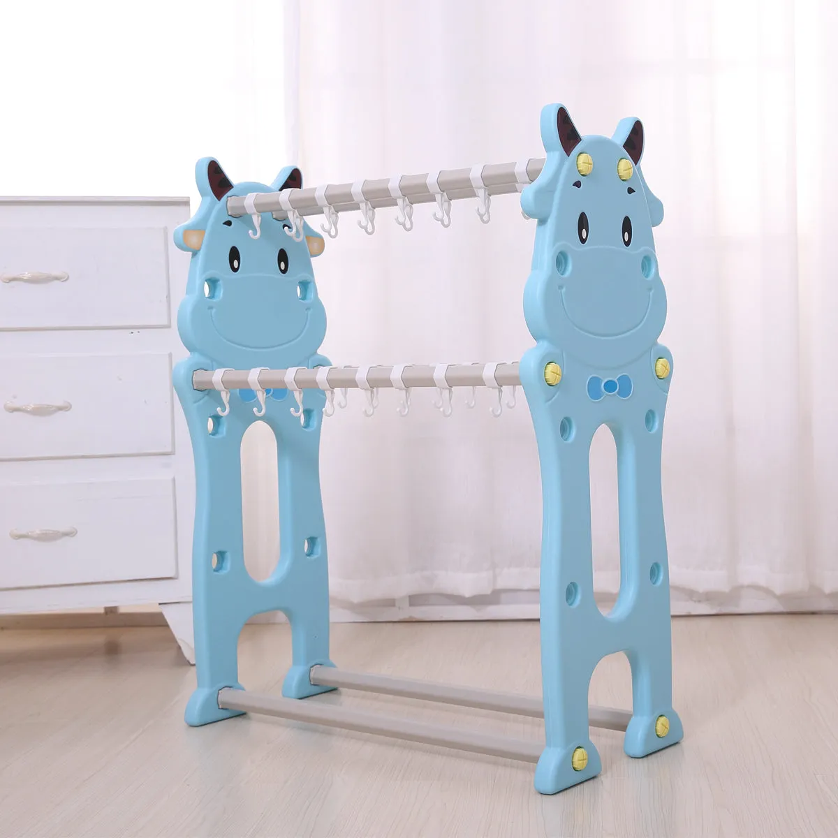 Cute Cattle 4-Tier Clothes Drying Organizer Stand Hanger with 40 Hook.(Blue)