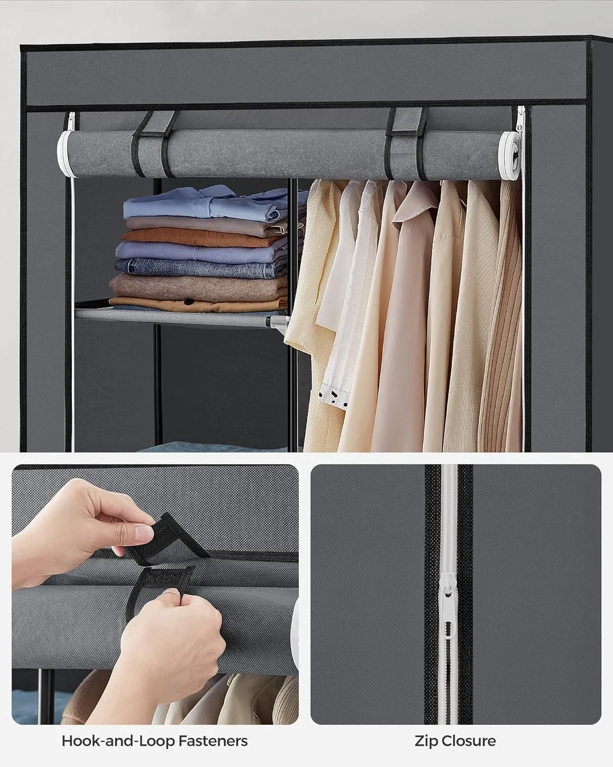 Dustproof Portable Fabric Closet with 6 Shelves & Rail Grey SONGMICS