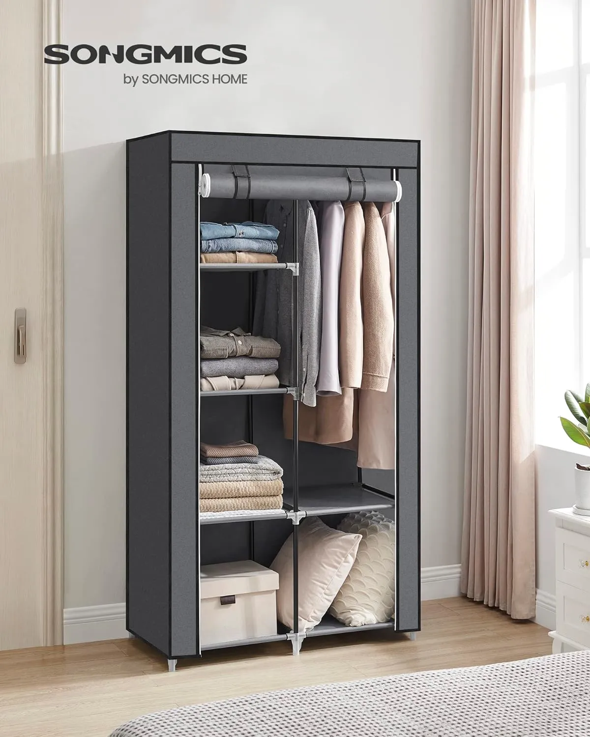 Dustproof Portable Fabric Closet with 6 Shelves & Rail Grey SONGMICS