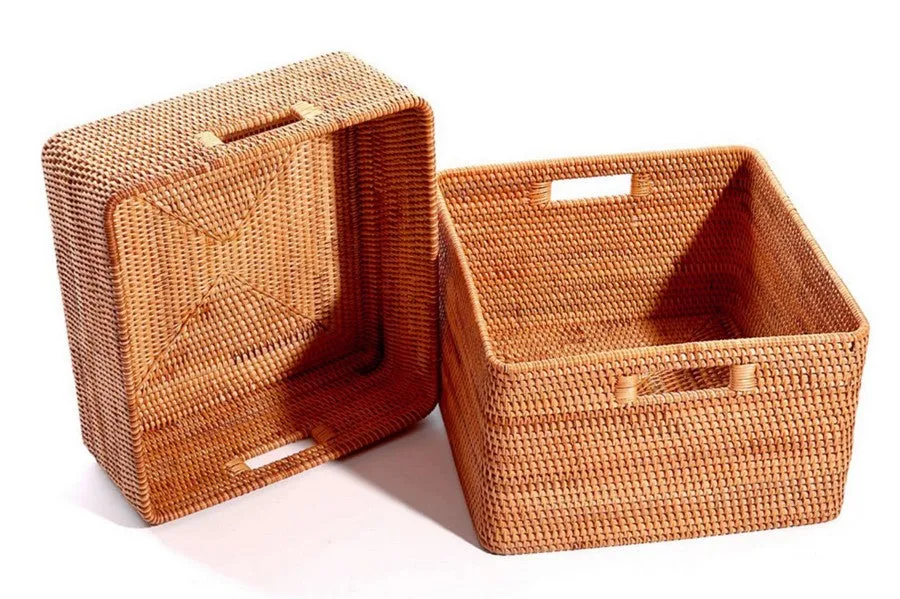 Extra Large Rectangular Storage Basket, Large Storage Baskets for Clothes, Woven Rattan Storage Basket for Shelves, Storage Baskets for Kitchen