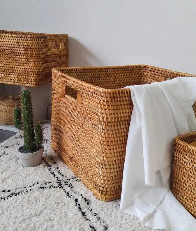 Extra Large Storage Baskets for Living Room, Storage Baskets for Clothes, Rectangular Storage Basket for Shelves, Woven Rattan Storage Basket for Kitchen