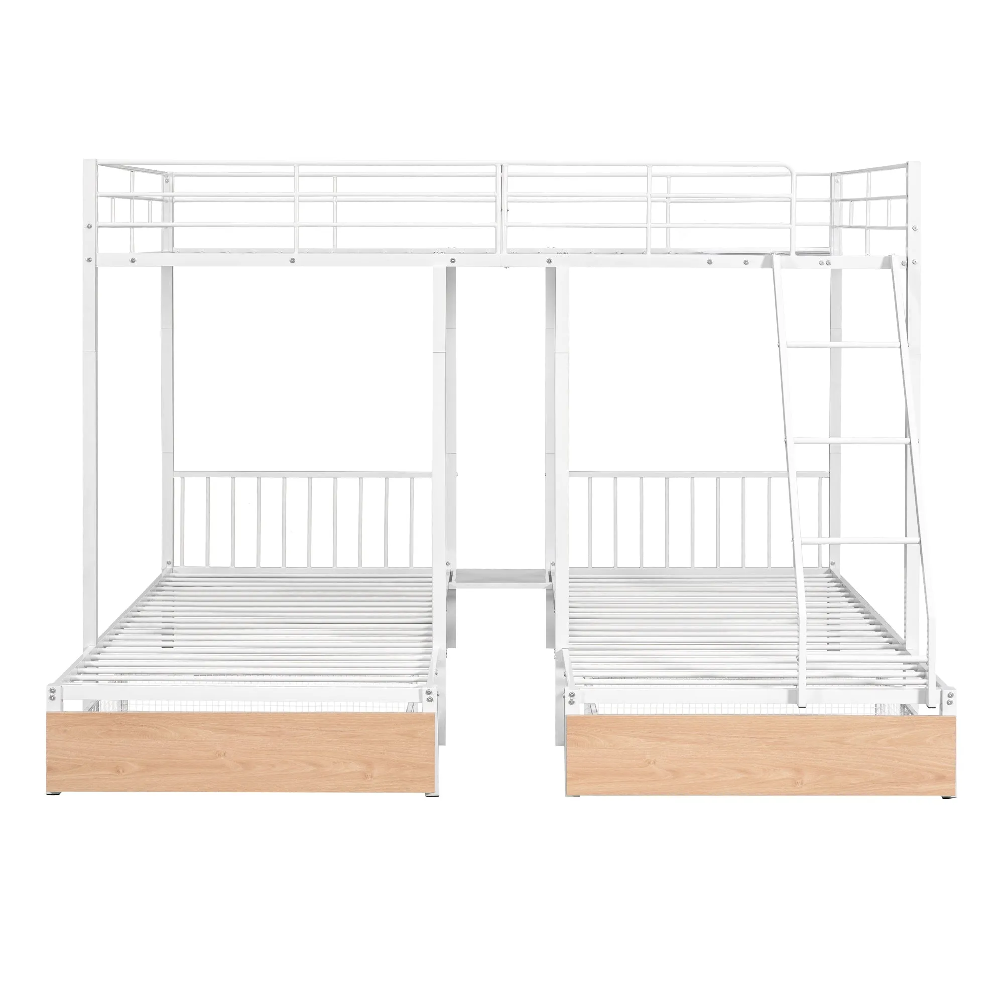 Full Over Twin & Twin Bunk Bed, Metal Triple Bunk Bed with Drawers and Guardrails, White