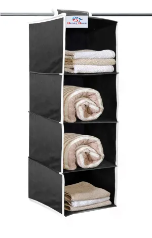 Heart Home 4 Shelf Closet Hanging Organizer, 4 Tier Closet Wardrobe Organizer Clothes Storage Hanger for Family Closet Bedroom, Foldable and Universal Fit (Black)-HHEART15327