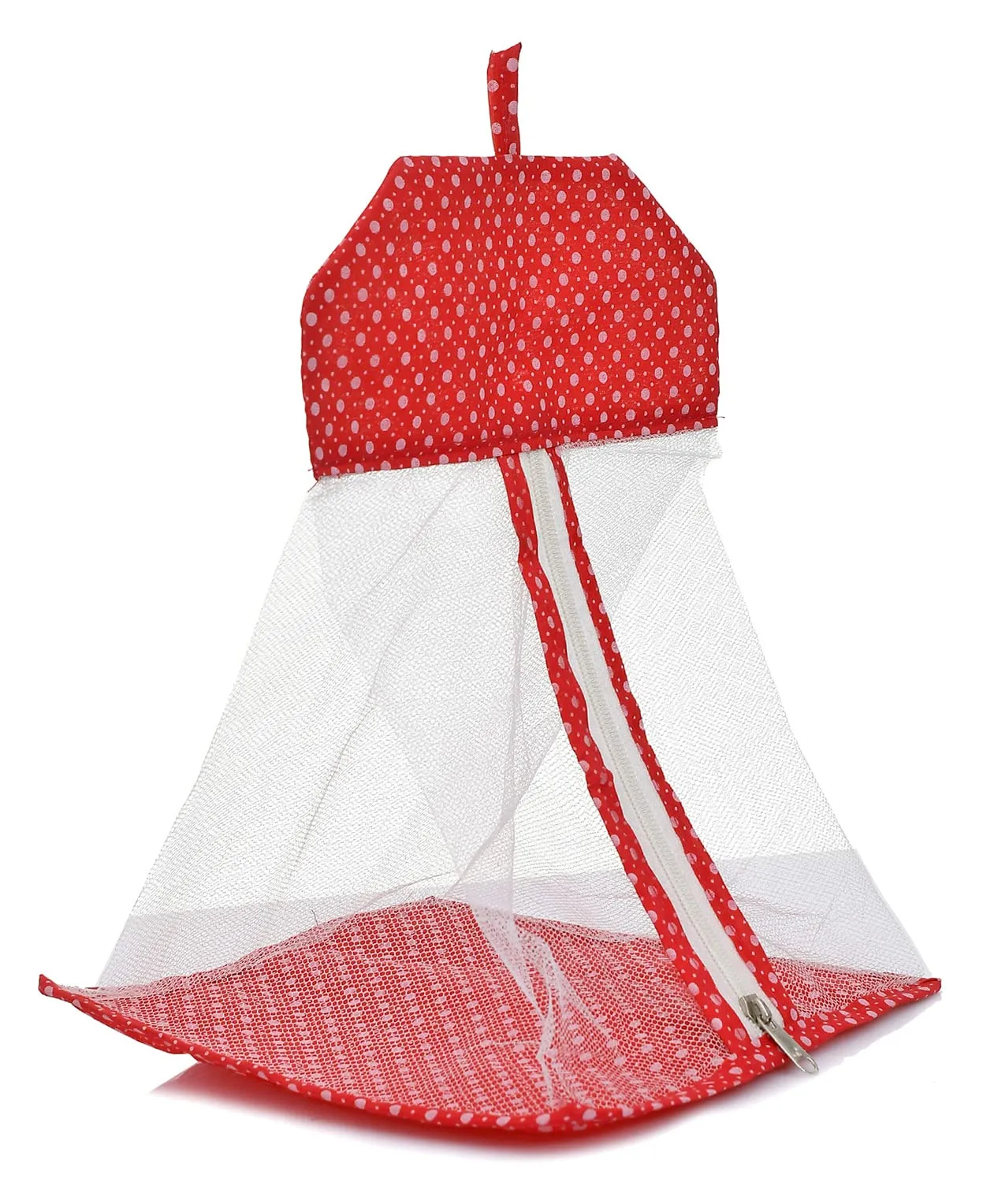 Heart Home Dot Printed Cotton Hanging Mesh Clothes Bag, Organizer For Store Socks, Underwear, Clothespins,Gadget,Cosmetic,Garlic,Onion With Zipper & Hanging Loop- Pack of 2 (Red)