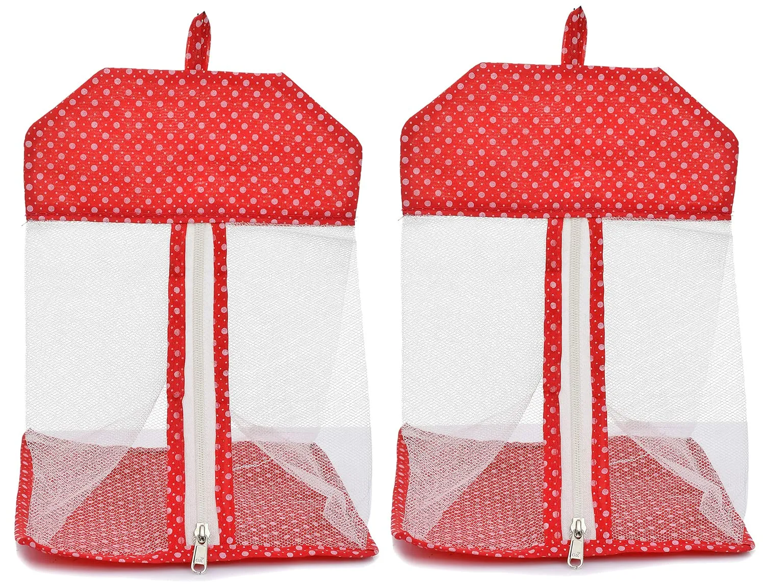 Heart Home Dot Printed Cotton Hanging Mesh Clothes Bag, Organizer For Store Socks, Underwear, Clothespins,Gadget,Cosmetic,Garlic,Onion With Zipper & Hanging Loop- Pack of 2 (Red)