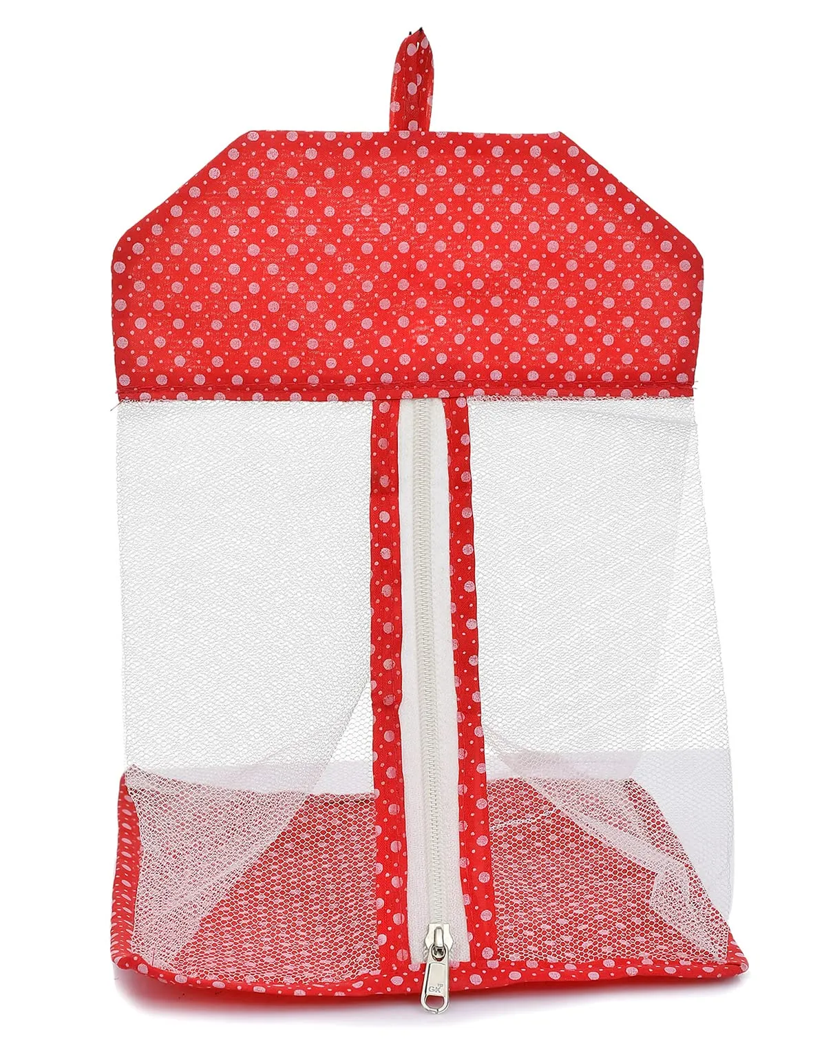 Heart Home Dot Printed Cotton Hanging Mesh Clothes Bag, Organizer For Store Socks, Underwear, Clothespins,Gadget,Cosmetic,Garlic,Onion With Zipper & Hanging Loop- Pack of 2 (Red)