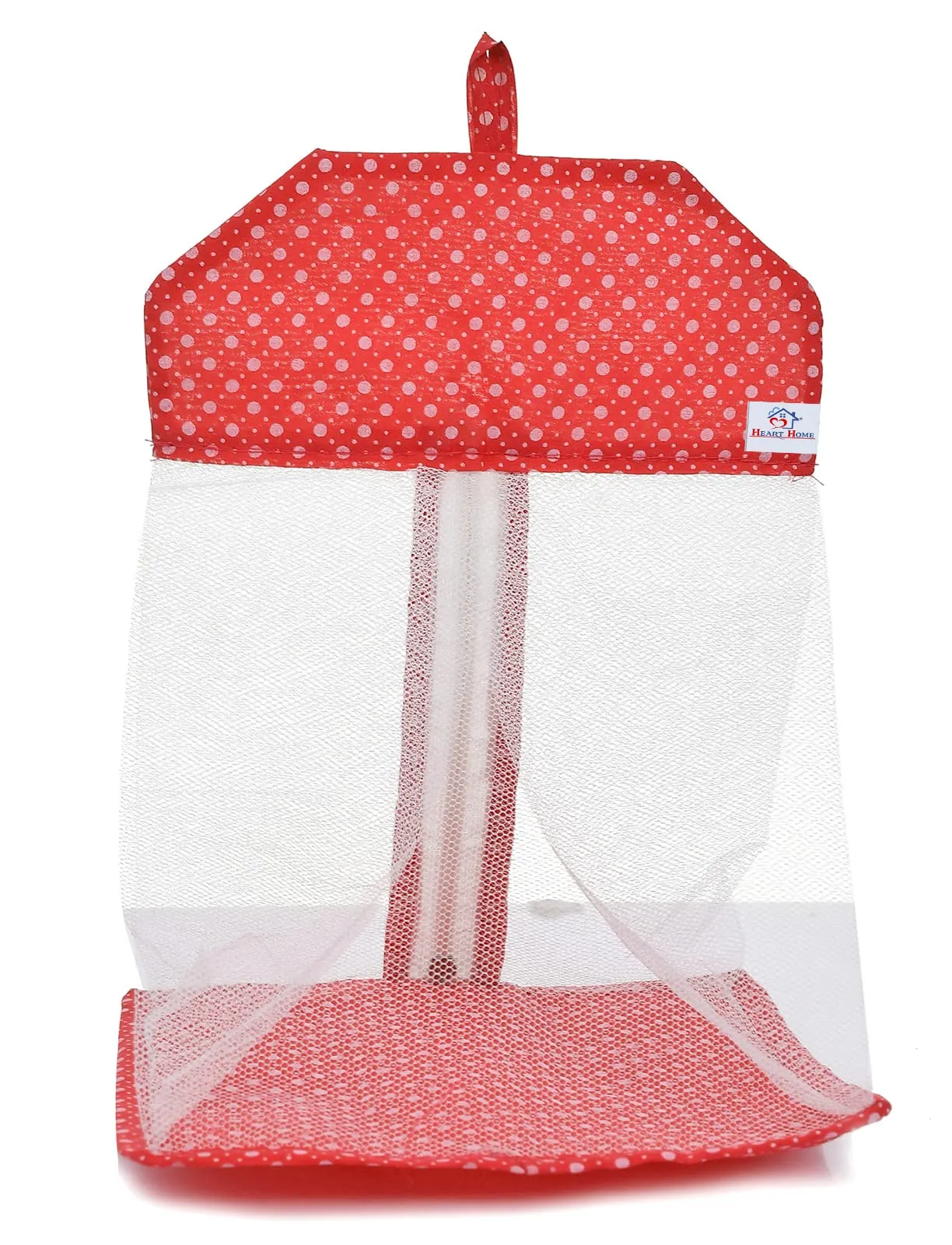 Heart Home Dot Printed Cotton Hanging Mesh Clothes Bag, Organizer For Store Socks, Underwear, Clothespins,Gadget,Cosmetic,Garlic,Onion With Zipper & Hanging Loop- Pack of 2 (Red)