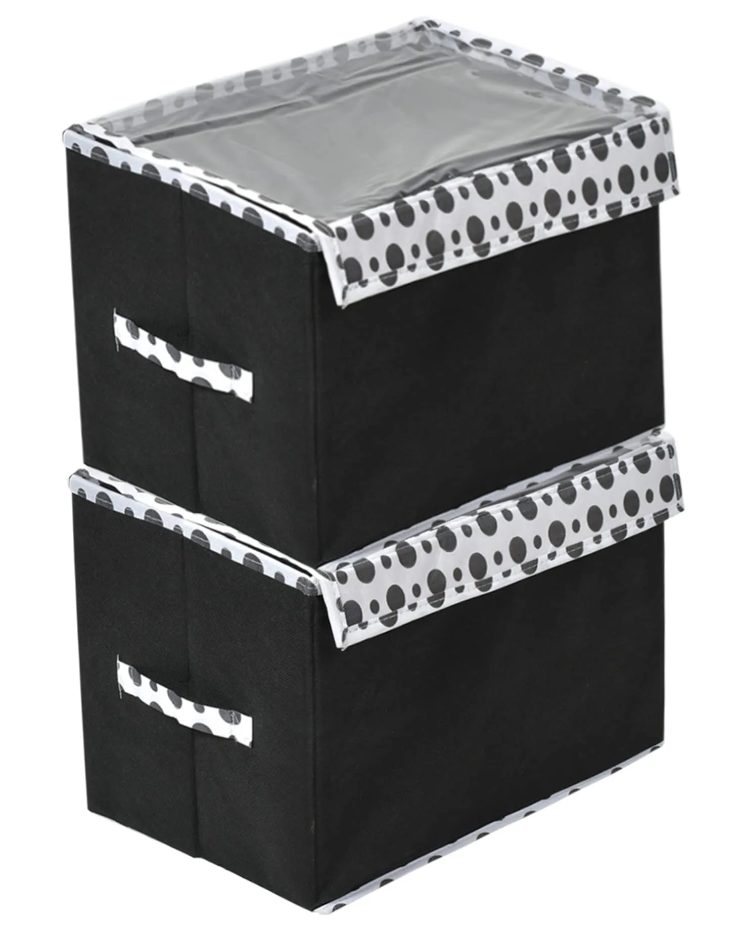 Heart Home Dot Printed Multiuses Medium Non-Woven Storage Box/Organizer With Tranasparent Lid- Pack of 2 (Black) -44HH0417