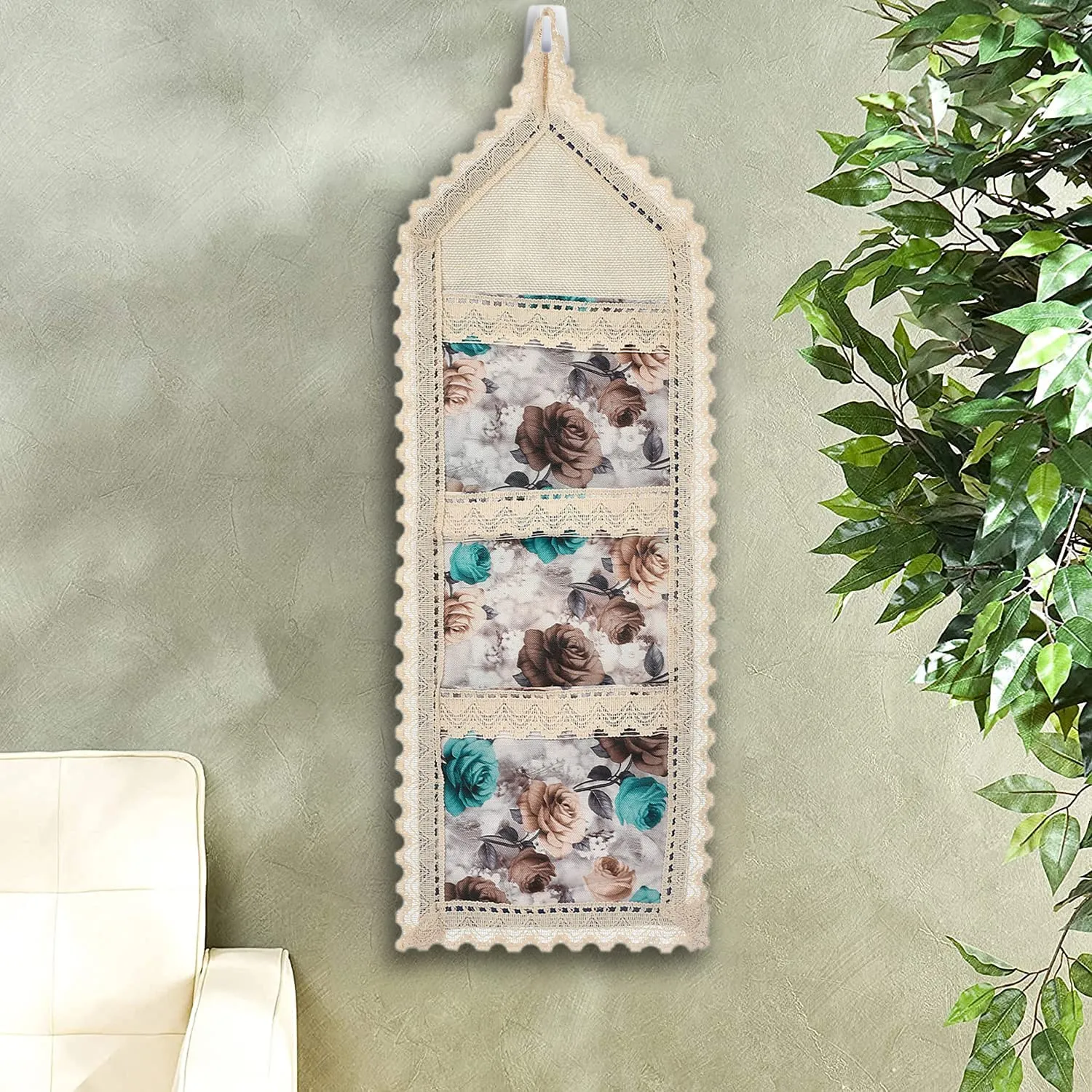 Heart Home Flower Printed Wall Hanging Organizer For Small Accessories, Stationery, Jewelry, Magazine, Letter- Pack of 2 (Cream & Brown)-50HH01174