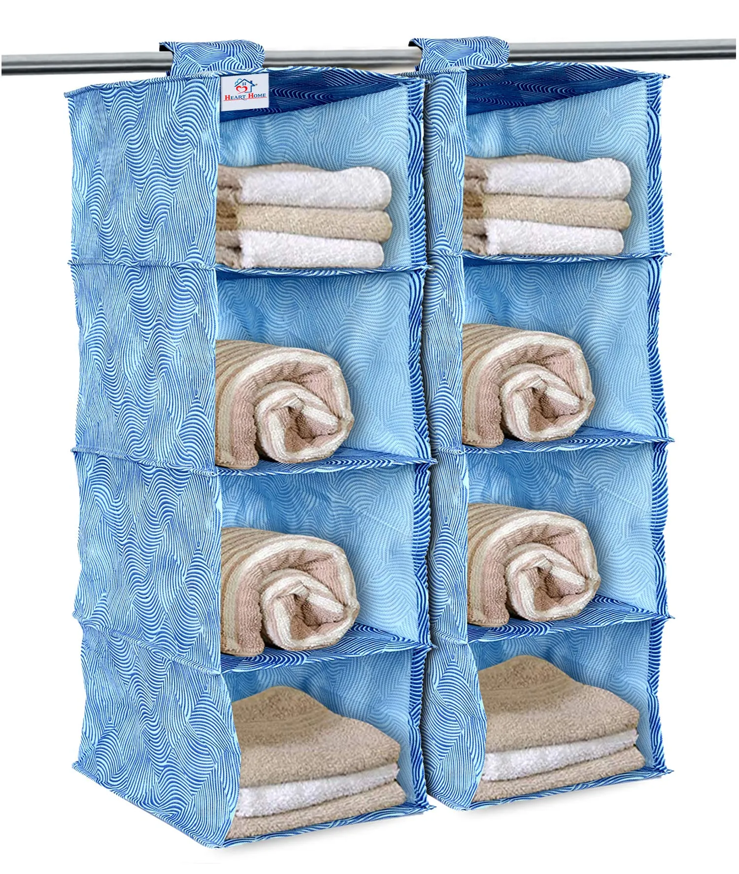 Heart Home Laheriya Print Non Woven Hanging 4 Shelves Foldable Wardrobe/Closet Cloth Organizer (Blue)-Pack of 2-KUBMART15344