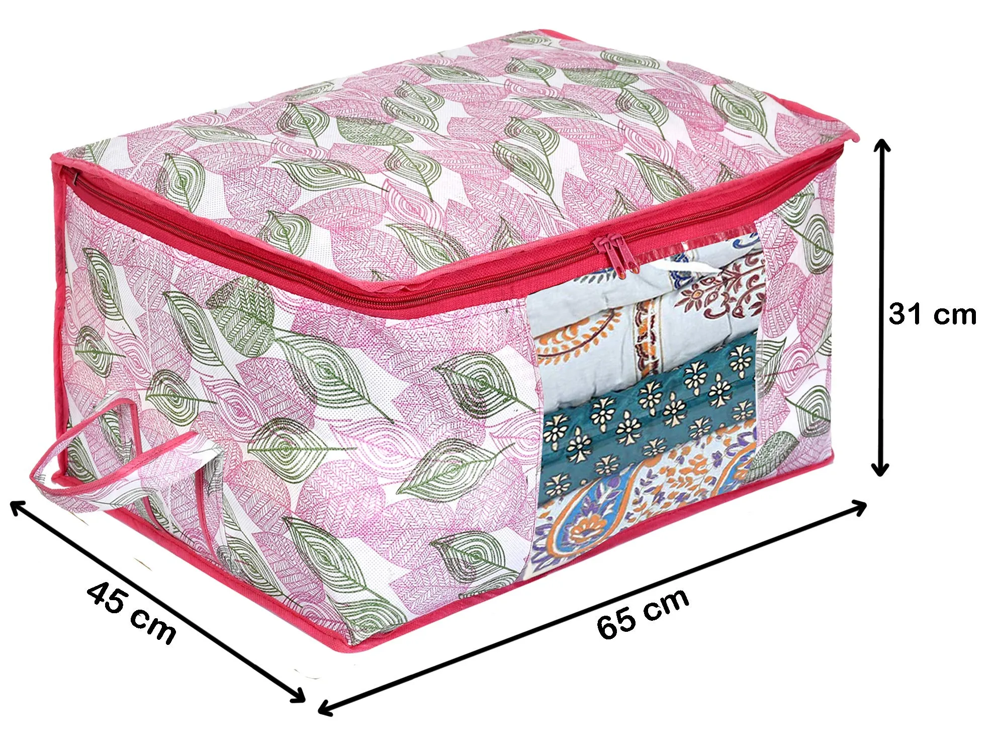 Heart Home Metalic Leafy Print Non Woven 12 Pieces Underbed Storage Bag,Cloth Organiser,Blanket Cover with Transparent Window (Pink)-HHEART16627