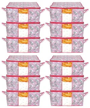 Heart Home Metalic Leafy Print Non Woven 12 Pieces Underbed Storage Bag,Cloth Organiser,Blanket Cover with Transparent Window (Pink)-HHEART16627