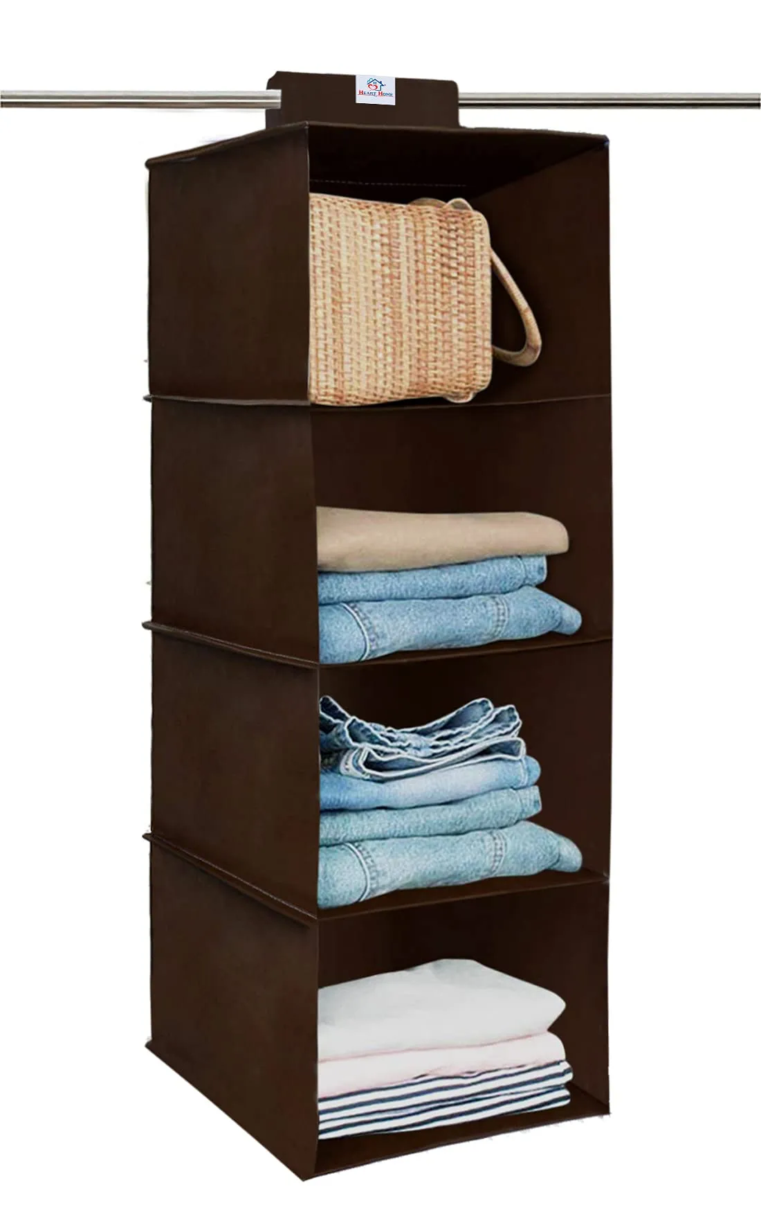 Heart Home Non Woven Foldable 4 Shelf Closet Hanging Organizer,Wardrobe Organizer- (Brown)-HS40HEARTH23986