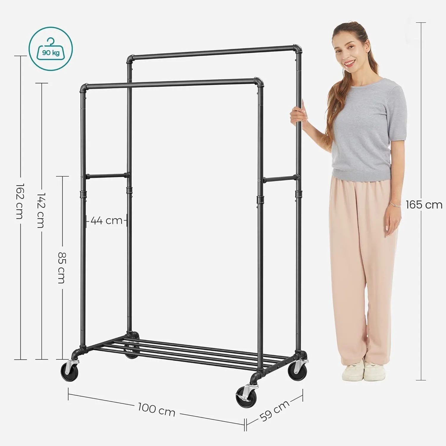 Heavy-Duty Pipe Clothes Rack with Wheels, Double Rails - SONGMICS