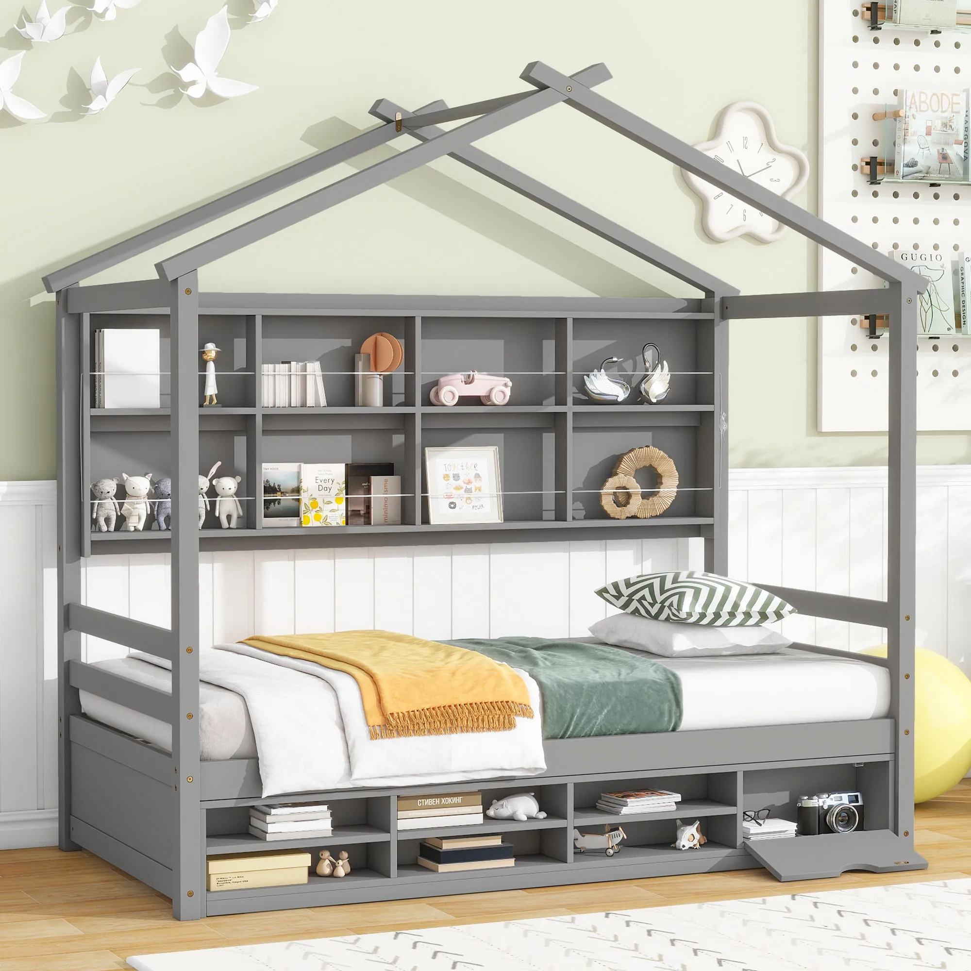 House Bed With Roof Frame, Bedside-Shelves, Under Bed Storage Unit