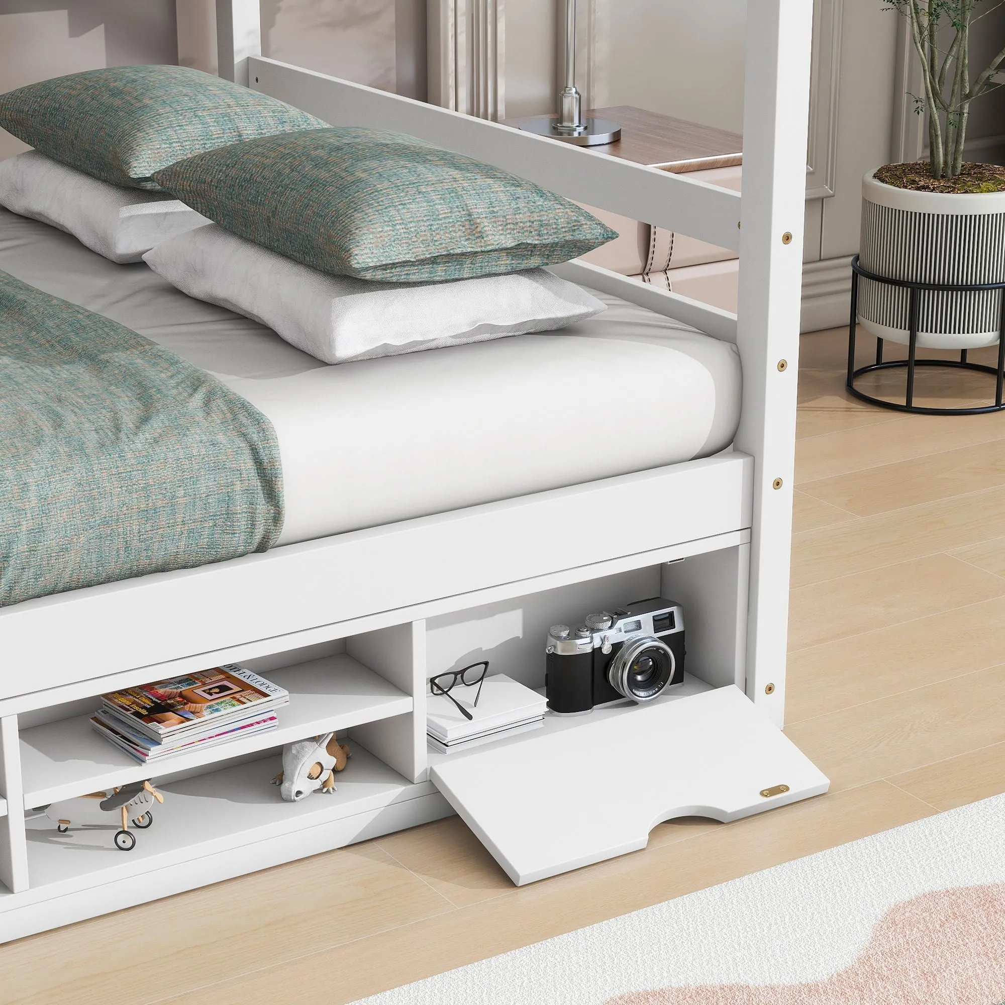 House Bed With Roof Frame, Bedside-Shelves, Under Bed Storage Unit