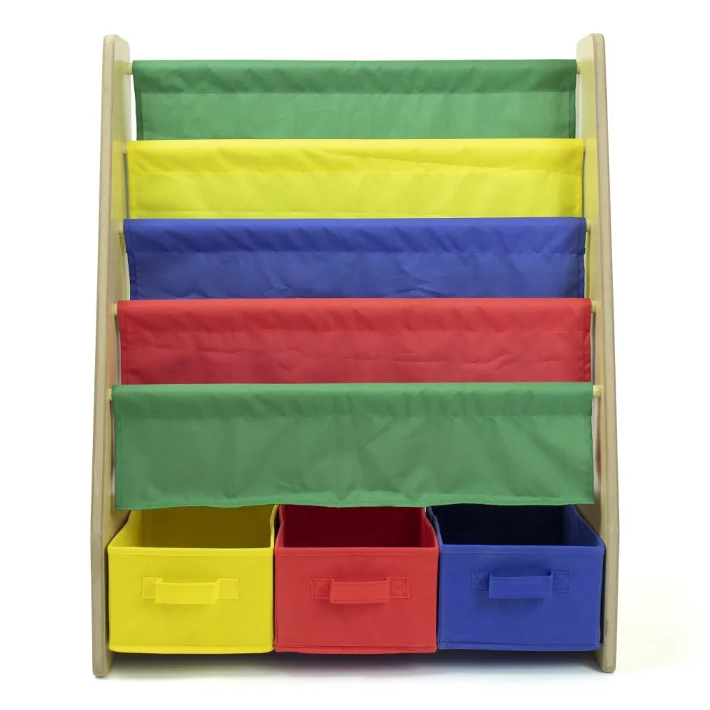 Kids Bookcase with 4 Shelves and 3 Fabric Bins